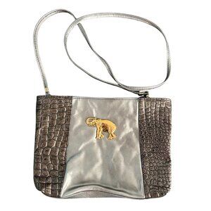 VTG Shiny Pebbled Leather Shoulder Bag Metallic Silver Copper Elephant Boho Zip